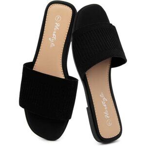 Women’s Black Knit Slip On Memory Foam Square Open Toe Band Flat Slides Sandals